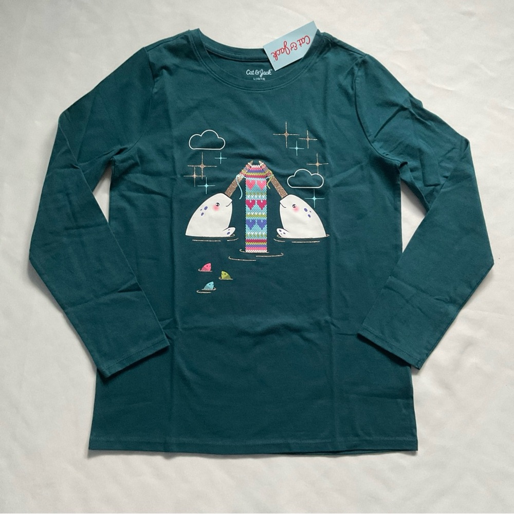 Cat &Jack  Girls Narwhales Long Sleeve Graphic T-chirt Green Size L 10-12 - Picture 2 of 6